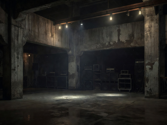 Atmospheric low lit concrete interior of historic European industrial nightclub Tresor Berlin