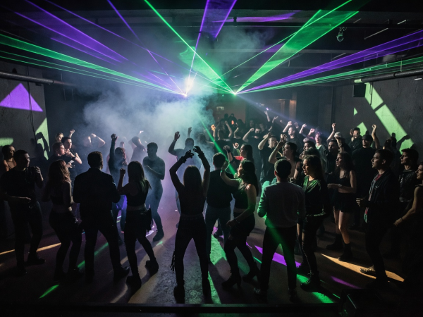 Club crowd dancing under laser lights at European underground music venue