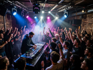 Club stage with DJ performing for enthusiastic electronic music crowd in London