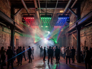 Dark industrial nightclub setting with dramatic overhead spotlights in Berlin