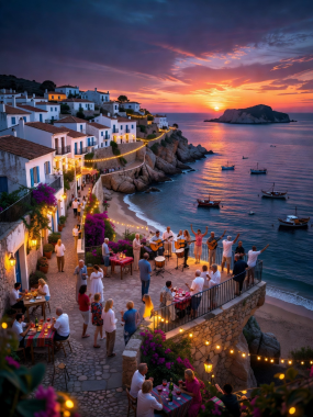 Mediterranean Spanish coastline and vibrant island evening atmosphere