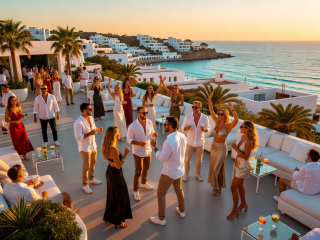 Open air superclub terrace in Ibiza Spain